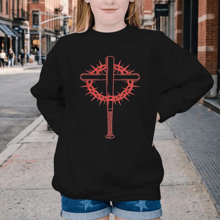 Baseball Cross Bats Pitcher Jesus Faith Youth Crewneck Sweatshirt Baseball Cross Bats Pitcher Jesus Faith Youth Crewneck Sweatshirt