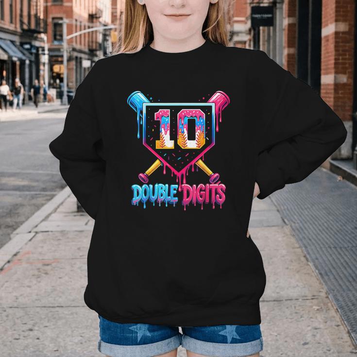 Baseball Drip 10th Birthday Boy Double Digits Ice Cream Drip Youth Crewneck Sweatshirt