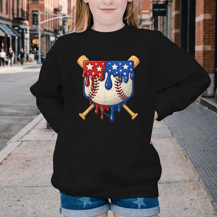 Baseball Drip American Flag Home Plate 4th Of July Patriotic Youth Crewneck Sweatshirt