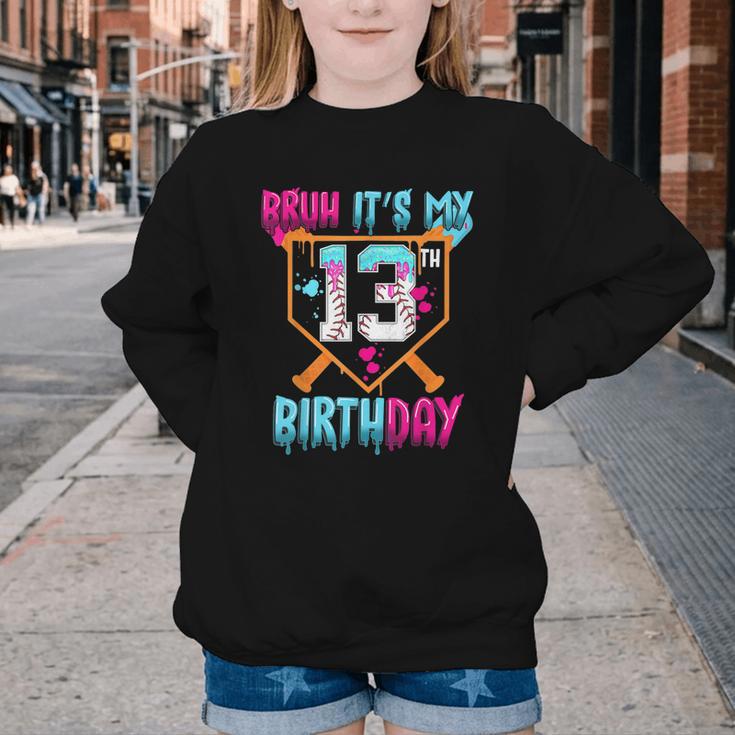 Baseball Drip Bruh It's My 13th Birthday Boy Ice Cream Drip Youth Crewneck Sweatshirt