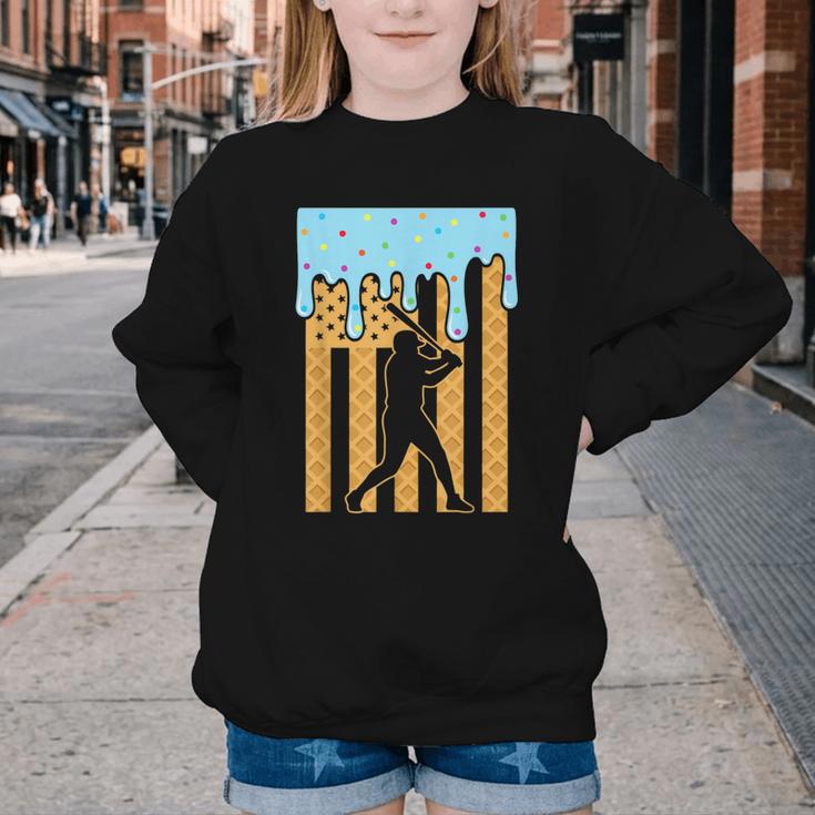 Baseball Drip Dripping Ice Cream Sport Player American Flag Youth Crewneck Sweatshirt