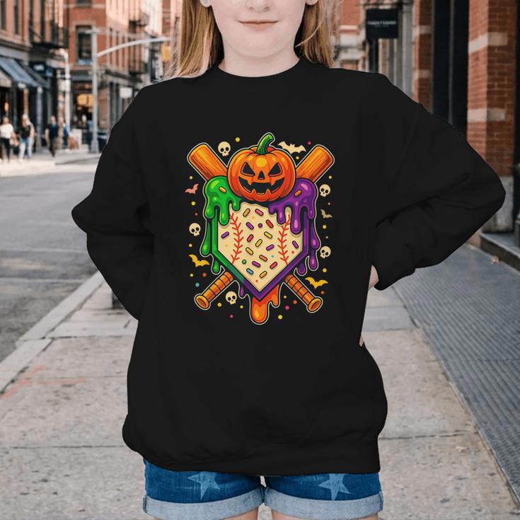 Baseball Drip Ice Cream Drip Halloween Baseball Lovers Youth Crewneck Sweatshirt