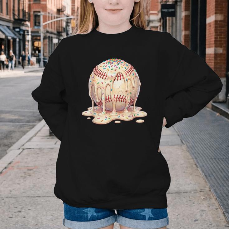 Baseball Drip Ice Cream Melting Illustration Youth Crewneck Sweatshirt