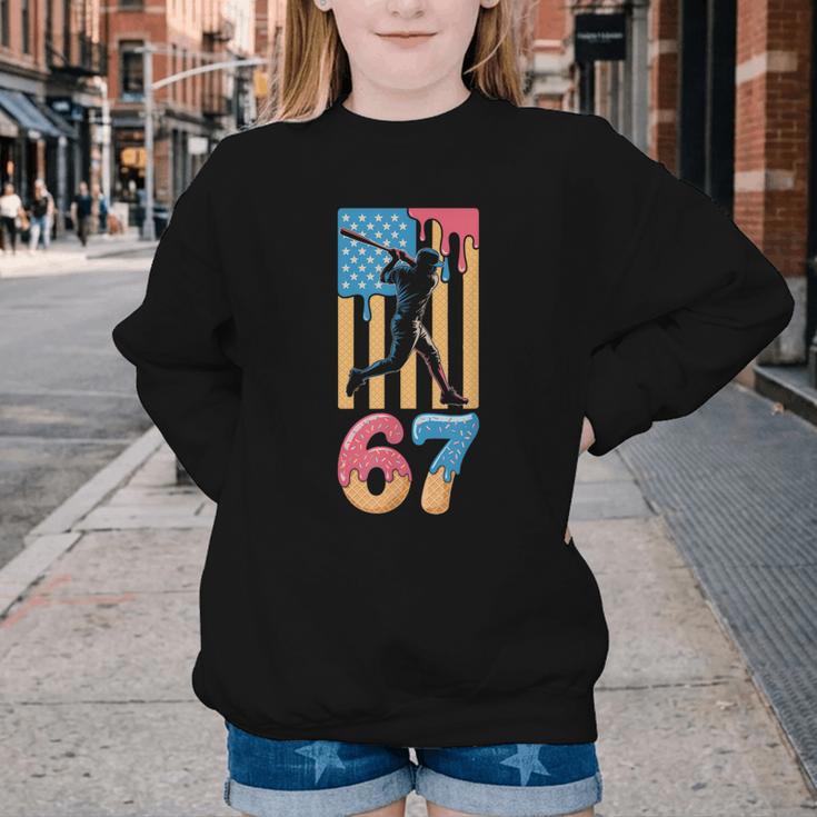 Baseball Drip USA Flag 67 Player 67th Birthday Ice Cream 67 Youth Crewneck Sweatshirt