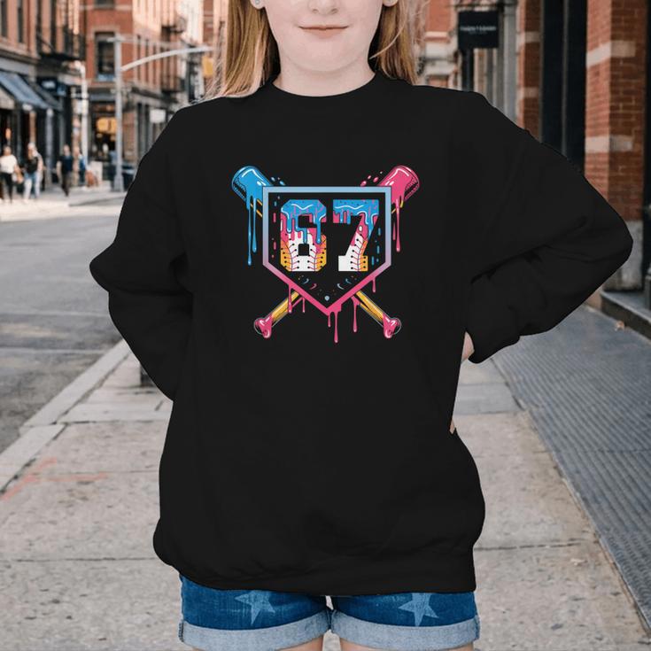 Baseball Ice Cream Drip Number 67 Player 67th Birthday 6 7 Youth Crewneck Sweatshirt