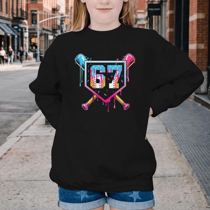 Baseball Ice Cream Drip Number 67 Player 67th Birthday Youth Crewneck Sweatshirt