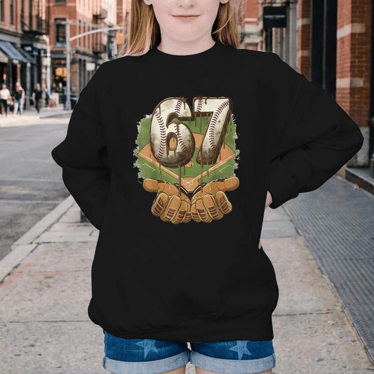 Baseball Ice Cream Drip Number 67 Playground Player 67th Youth Crewneck Sweatshirt