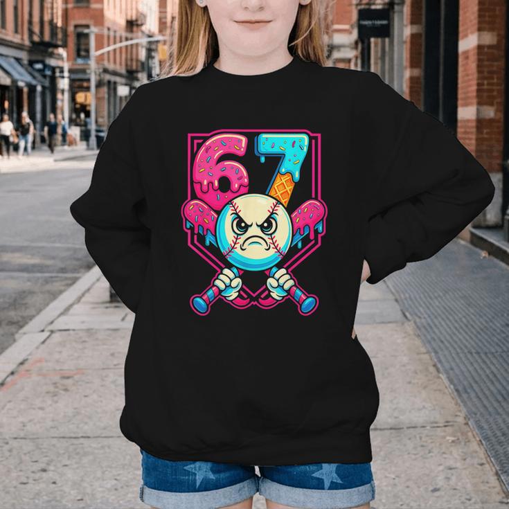 Baseball Ice Cream Drip Number 67 Six Seven Meme 67 Youth Crewneck Sweatshirt Baseball Ice Cream Drip Number 67 Six Seven Meme 67 Youth Crewneck Sweatshirt
