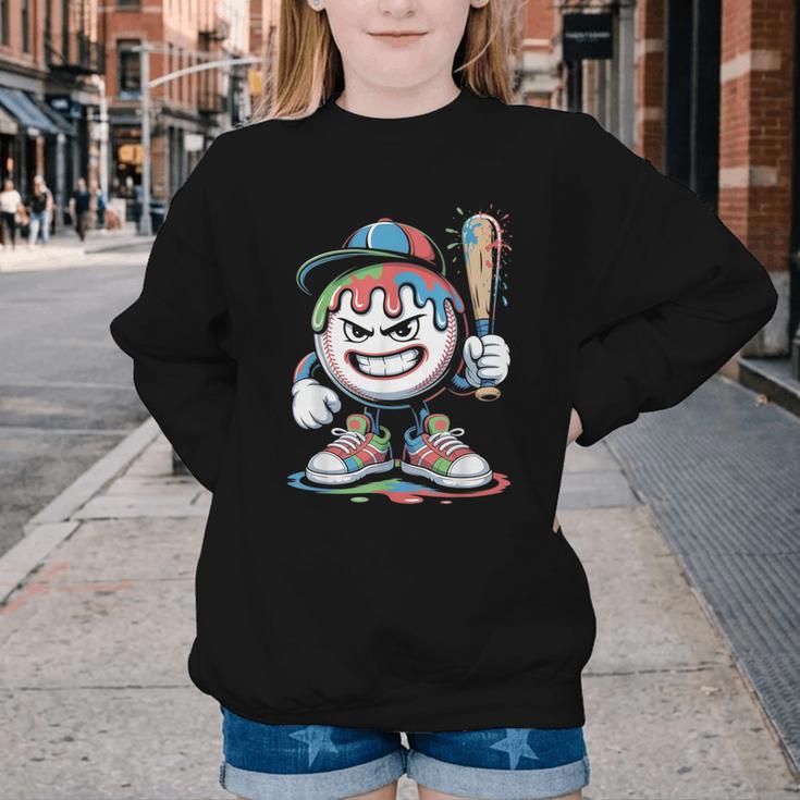 Baseball Mascot Attitude Graffiti Splash Bat Cap Youth Crewneck Sweatshirt Baseball Mascot Attitude Graffiti Splash Bat Cap Youth Crewneck Sweatshirt
