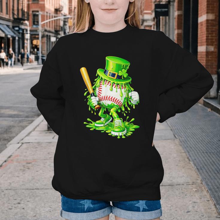 Baseball Player Ice Cream Drip Shamrocks St Patrick's Day Youth Crewneck Sweatshirt