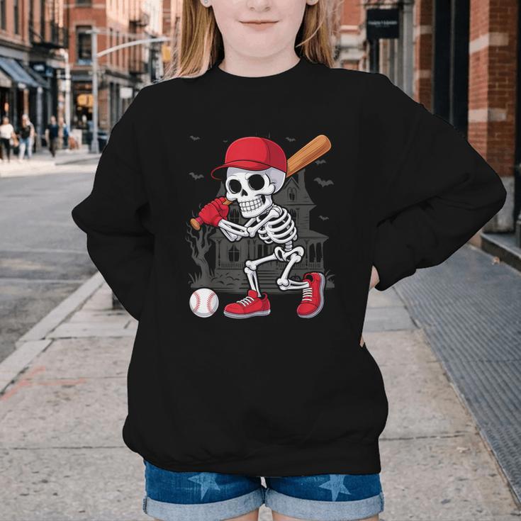 Baseball Skeleton Halloween Playing Youth Crewneck Sweatshirt Baseball Skeleton Halloween Playing Youth Crewneck Sweatshirt