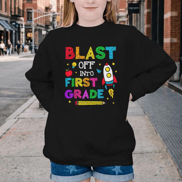 Blast Off Into First Grade Squad First Day Back To School Youth Crewneck Sweatshirt