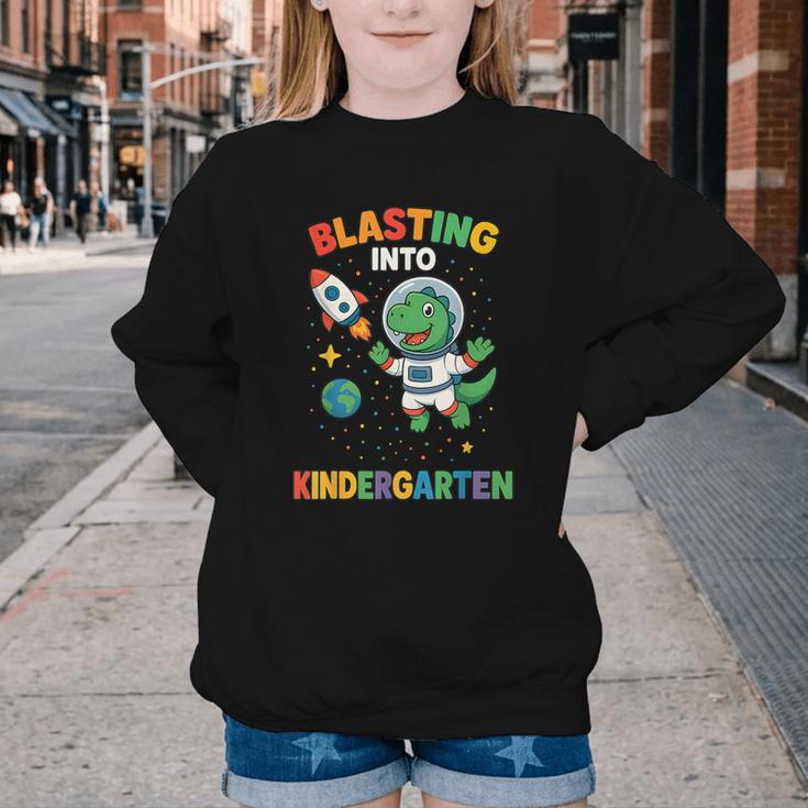 Blasting Into Kindergarten Dinosaur Astronaut Back To School Youth Crewneck Sweatshirt
