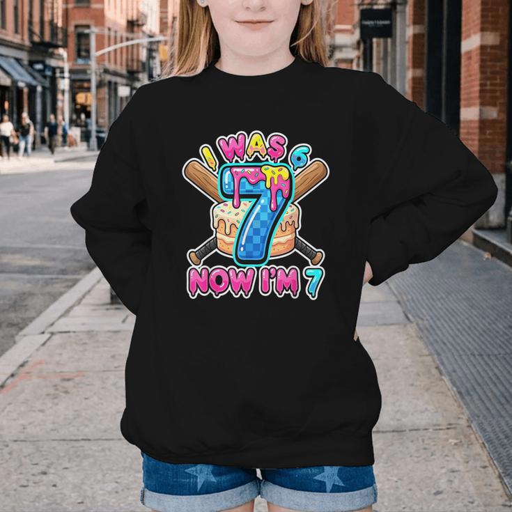 Blue Checkered I Was 6 Now I'm 7 Birthday Cake Baseball Drip Youth Crewneck Sweatshirt