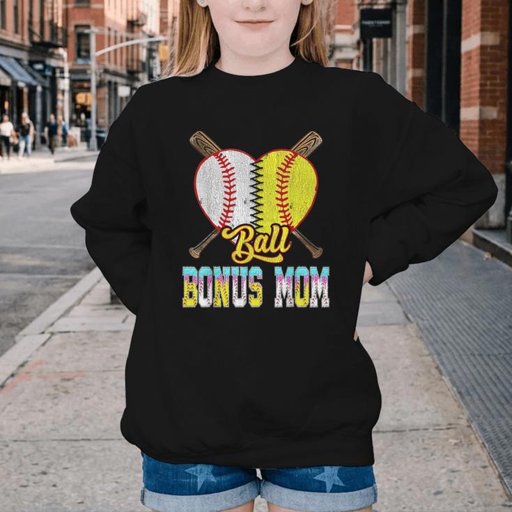Bonus Mom Of Both Half Baseball Softball Ice Cream Drip Youth Crewneck Sweatshirt