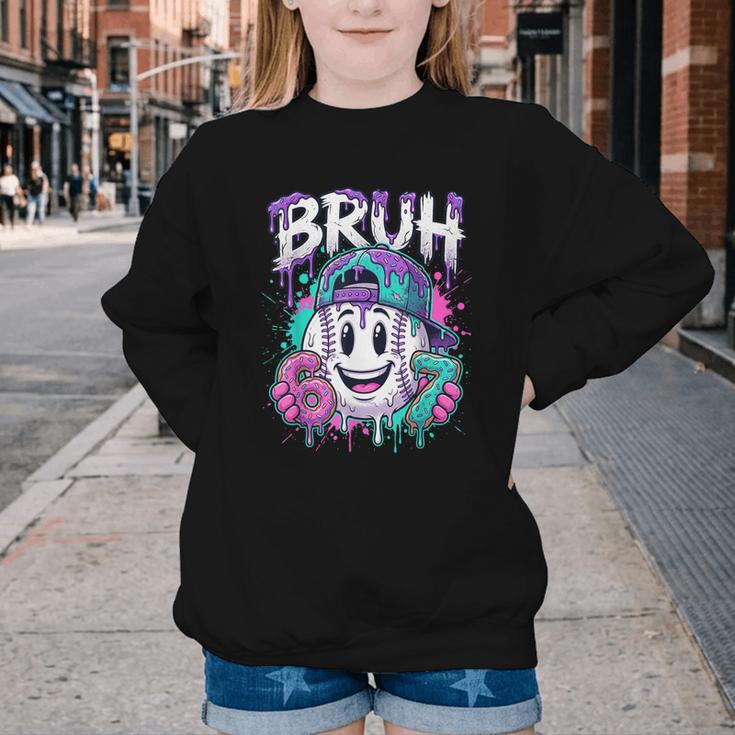 Bruh 67 Baseball Drip Boys Kids Six Seven Meme 6-7 Dripping Youth Crewneck Sweatshirt