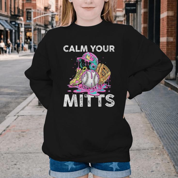 Calm Your Mitts Baseball Ice Cream Drip Crossed Bats Sport Youth Crewneck Sweatshirt