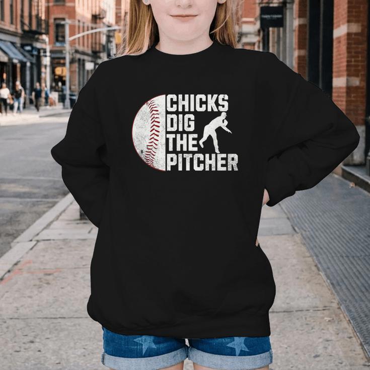 Chicks Dig The Pitcher Baseball Youth Crewneck Sweatshirt