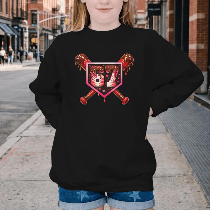 Chocolate 67 Drip Baseball Valentine Love Sports Youth Crewneck Sweatshirt