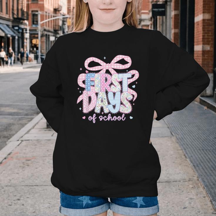 Coquette Bow Happy First Day Of School Back To School Retro Youth Crewneck Sweatshirt Coquette Bow Happy First Day Of School Back To School Retro Youth Crewneck Sweatshirt