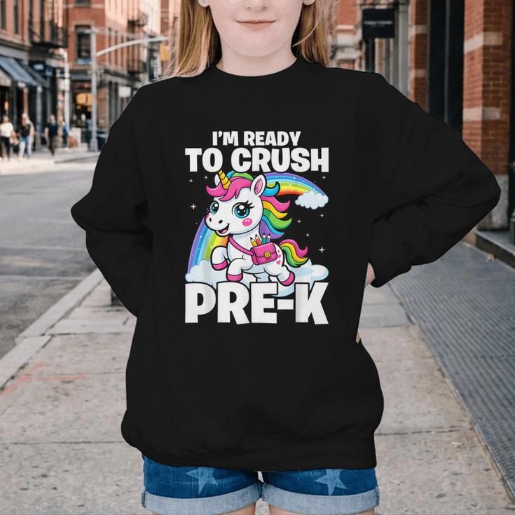 Crush Pre-K Girls Back To School Unicorn First Day Preschool Youth Crewneck Sweatshirt Crush Pre-K Girls Back To School Unicorn First Day Preschool Youth Crewneck Sweatshirt
