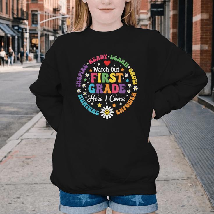 Cute Watch Out First Grade Here I Come Back To School Youth Crewneck Sweatshirt