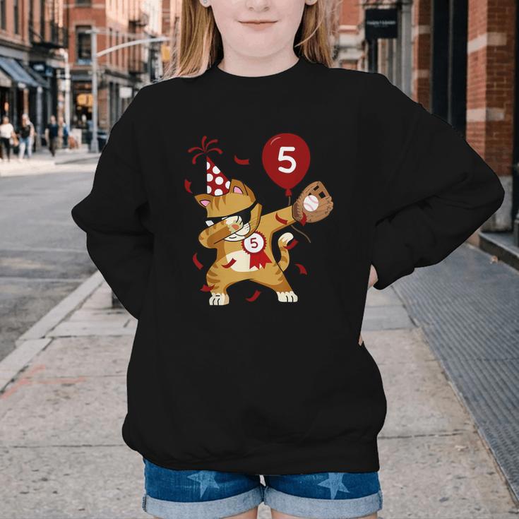 Dabbing Cool Cat Baseball 5th Birthday Youth Crewneck Sweatshirt