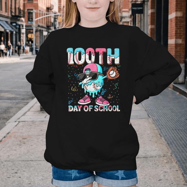 Dabbing Drippy 100th Days Of School Baseball Ice Cream Drip Youth Crewneck Sweatshirt