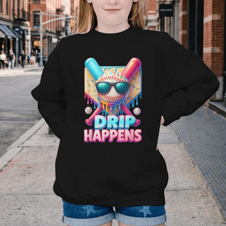 Drip Happens Baseball Ice Cream Bat And Ball With Sunglasses Youth Crewneck Sweatshirt