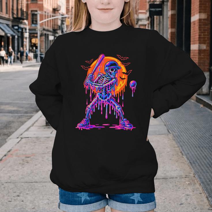 Drip Skeleton Batting Baseball Halloween Youth Crewneck Sweatshirt