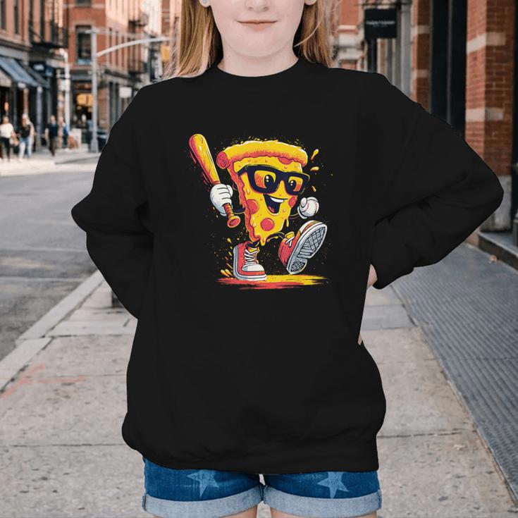 Drippy Pizza Baseball Slice Cartoon Sports Food Youth Crewneck Sweatshirt
