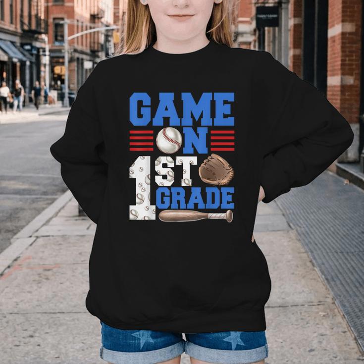 Game On First Grade Boy Baseball Back To School Youth Crewneck Sweatshirt Game On First Grade Boy Baseball Back To School Youth Crewneck Sweatshirt