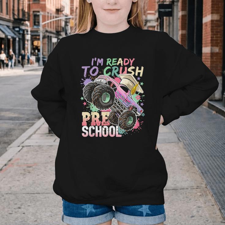 Girls Monster Trucks Ready To Crush Preschool Back To School Youth Crewneck Sweatshirt Girls Monster Trucks Ready To Crush Preschool Back To School Youth Crewneck Sweatshirt