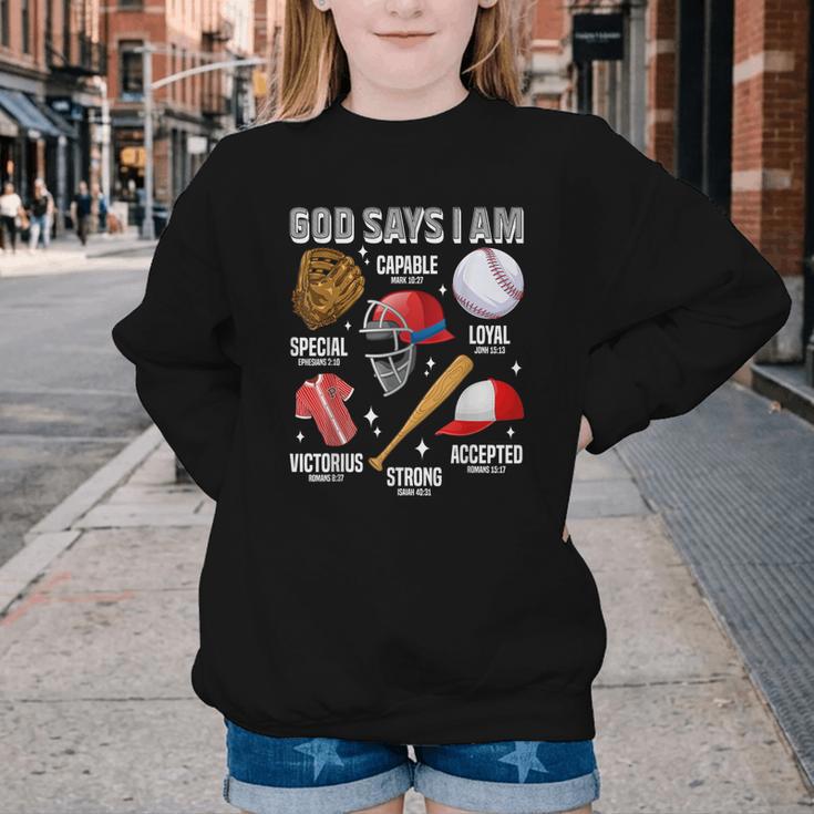 God Says I Am Baseball Player Catcher Pitcher Boys Men Youth Crewneck Sweatshirt God Says I Am Baseball Player Catcher Pitcher Boys Men Youth Crewneck Sweatshirt