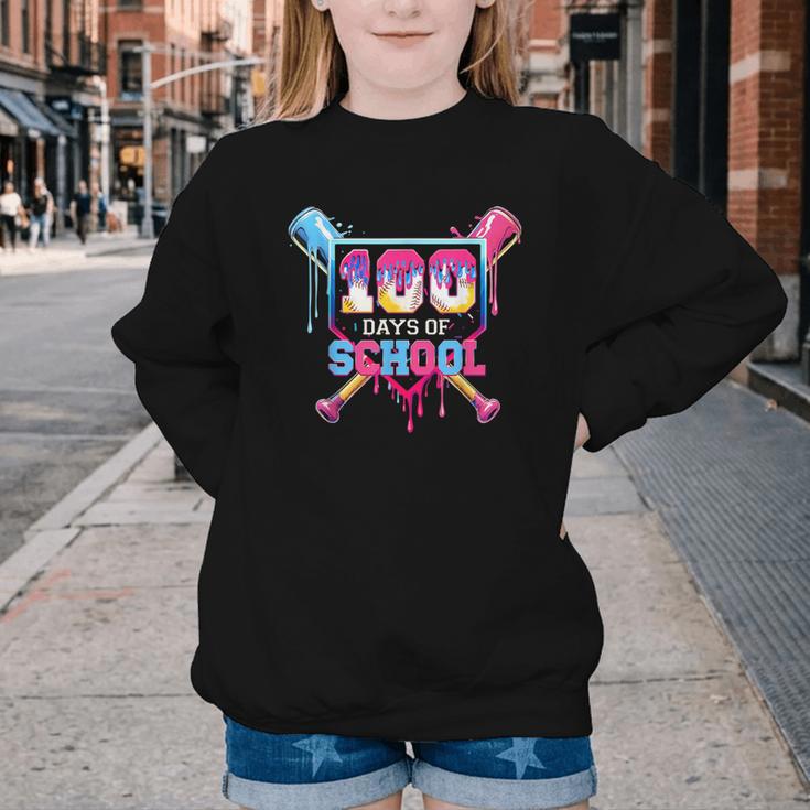 Happy 100 Days Of School Baseball Drip Theme Party 100th Day Youth Crewneck Sweatshirt