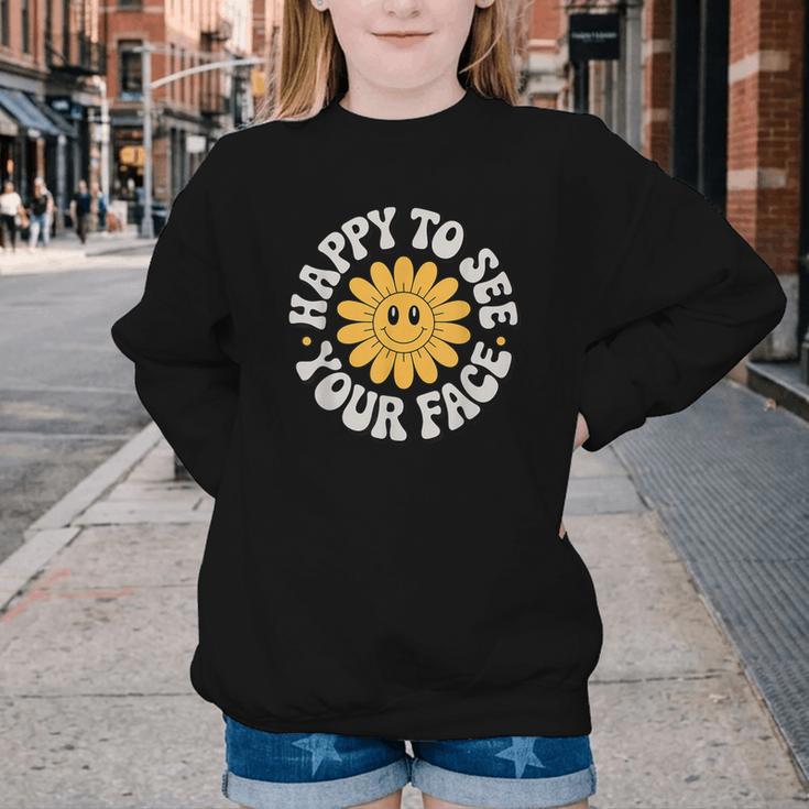 Happy Face Daisy Flower Retro Back To School Cute Graphic Youth Crewneck Sweatshirt