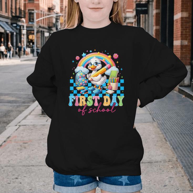 Happy First Day Of School Goose Cute Duck Back To School Youth Crewneck Sweatshirt