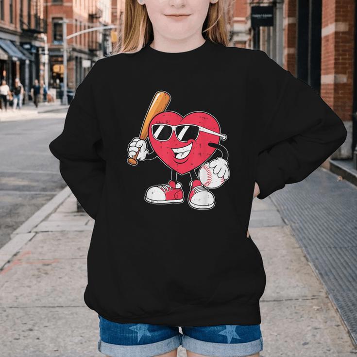 Heart Play Baseball Valentine's Day Teens Boys Girls Kids Youth Crewneck Sweatshirt