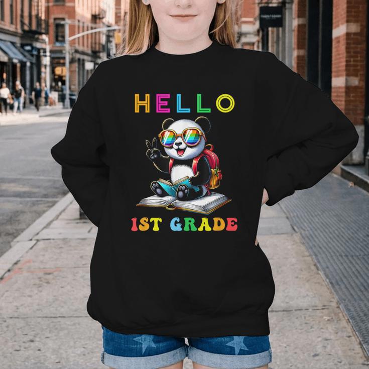 Hello First Grade Panda Lover Back To School Kids Boys Girls Youth Crewneck Sweatshirt