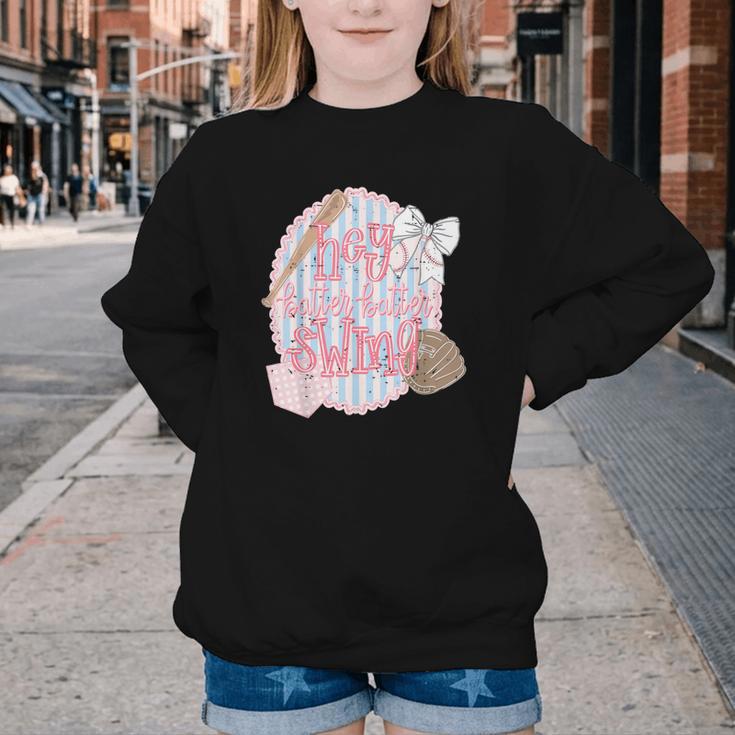 Hey Batter Batter Swing Baseball Game Day Coquette Bow Girly Youth Crewneck Sweatshirt
