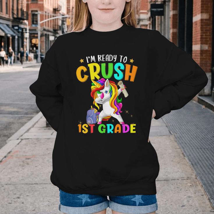 I'm Ready To Crush 1st Grade Dabbing Unicorn Back To School Youth Crewneck Sweatshirt I'm Ready To Crush 1st Grade Dabbing Unicorn Back To School Youth Crewneck Sweatshirt