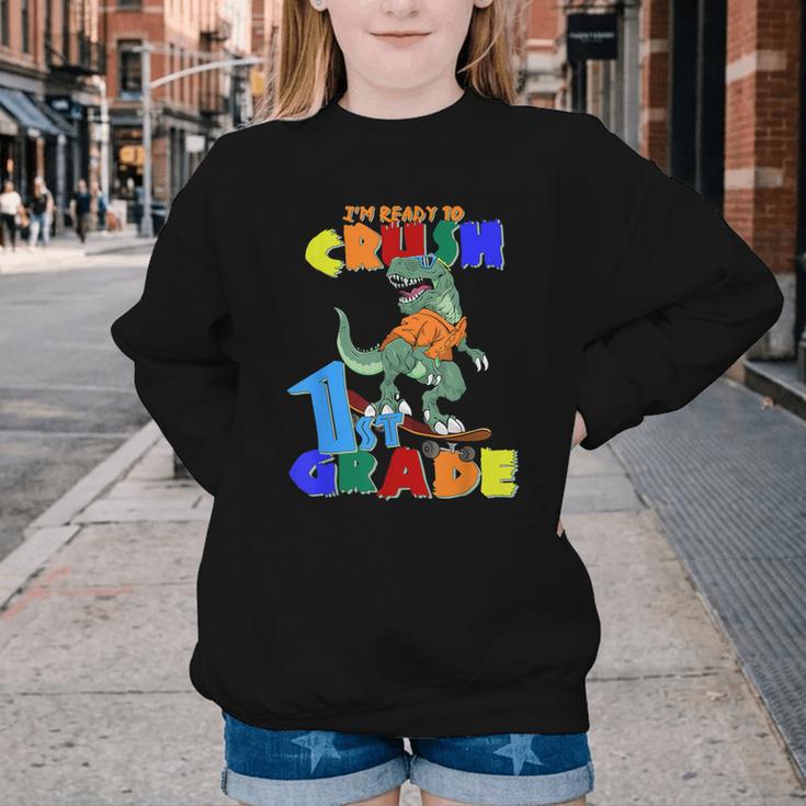 I'm Ready To Crush 1st Grade Dinosaur Back To School T-Rex Youth Crewneck Sweatshirt I'm Ready To Crush 1st Grade Dinosaur Back To School T-Rex Youth Crewneck Sweatshirt