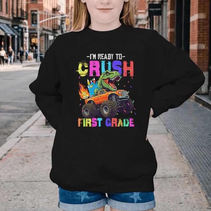 I'm Ready To Crush First Grade Dinosaur Truck Back To School Youth Crewneck Sweatshirt I'm Ready To Crush First Grade Dinosaur Truck Back To School Youth Crewneck Sweatshirt