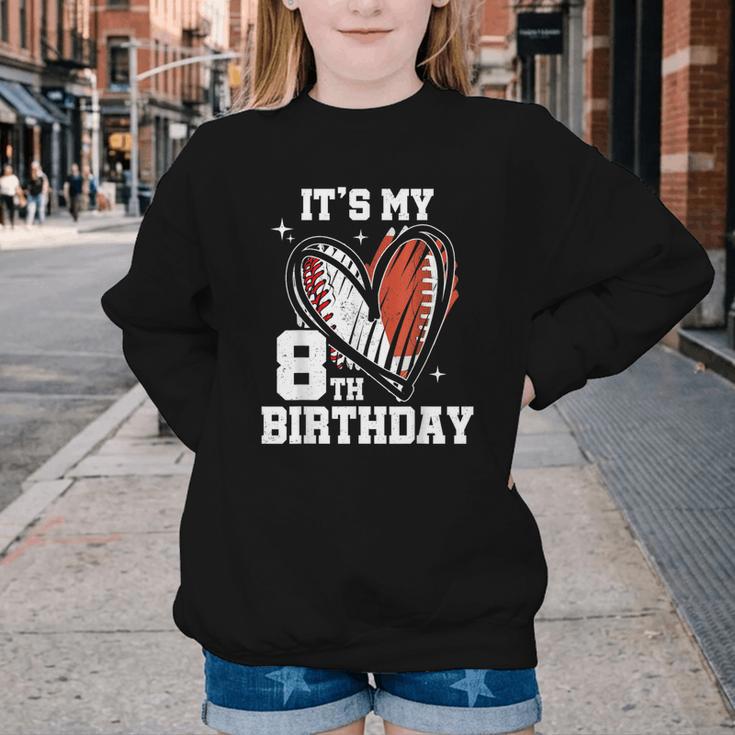 It's My 8th Birthday Baseball Football Heart 8 Year Old Youth Crewneck Sweatshirt It's My 8th Birthday Baseball Football Heart 8 Year Old Youth Crewneck Sweatshirt