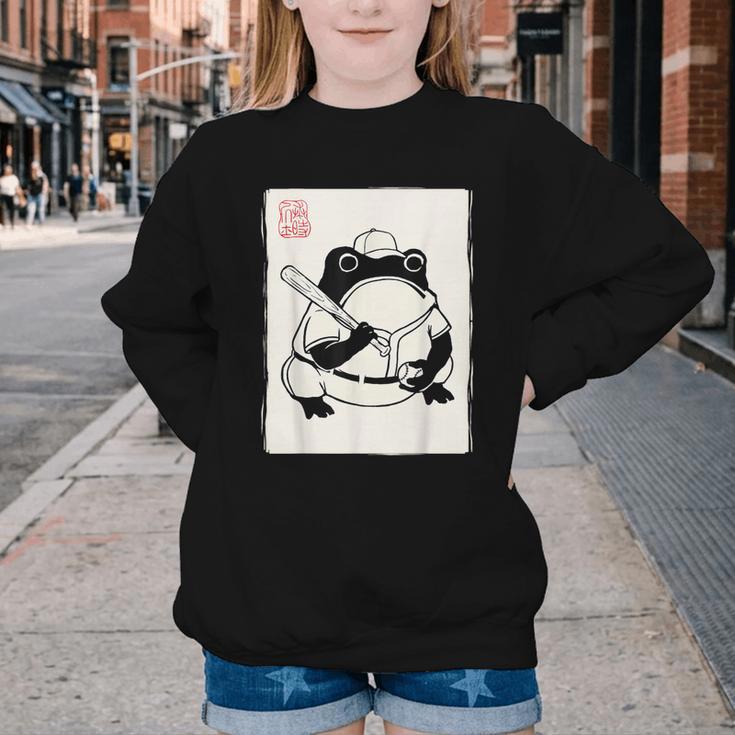 Japanese Grumpy Frog Baseball Player Baseball Youth Crewneck Sweatshirt