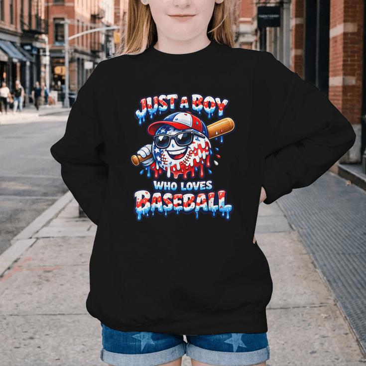 Just A Boy Who Loves Baseball Patriotic Drip For Youth Boys Youth Crewneck Sweatshirt