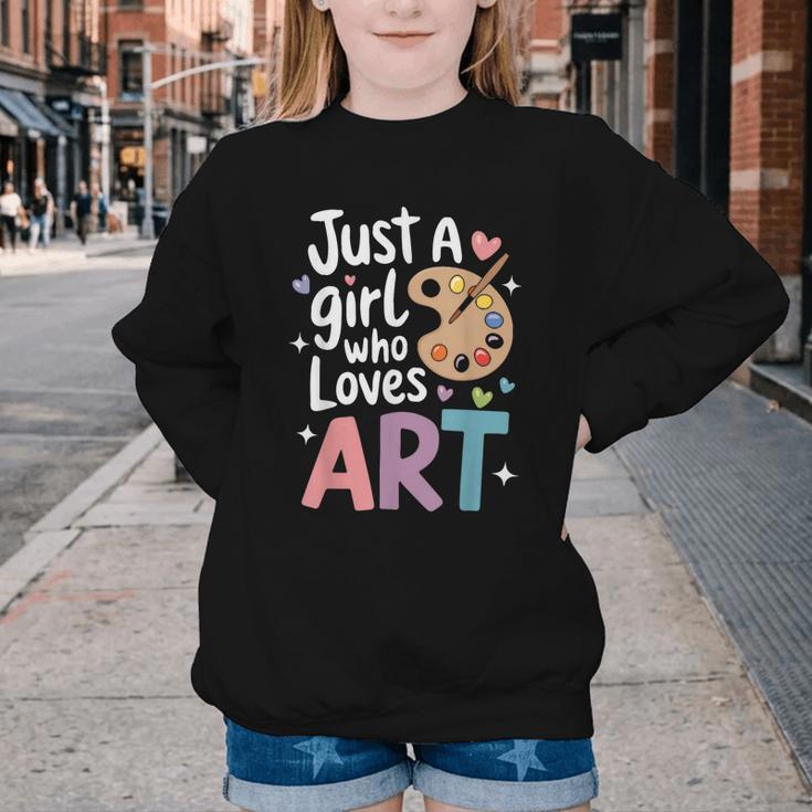 Just a Girl Who Loves Art Cute Back To School Kids Girls Youth Crewneck Sweatshirt