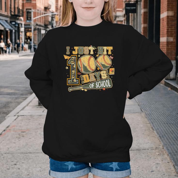 I Just Hit 100 Days Of School Baseball Camo Boys Kid Toddler Youth Crewneck Sweatshirt