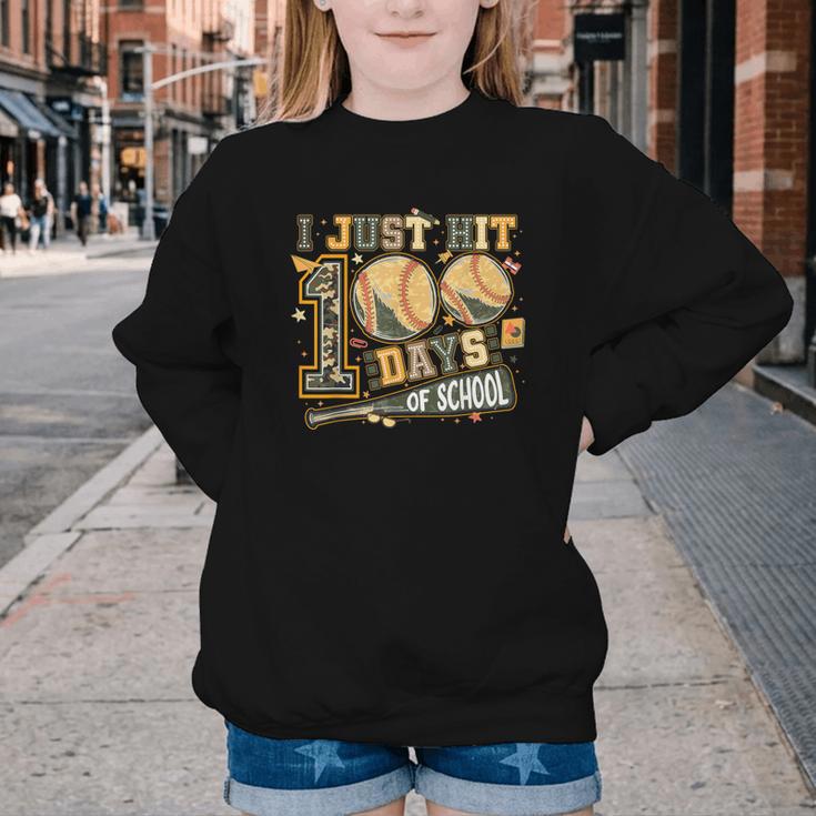 I Just Hit 100 Days Of School Camo Baseball Boy Kids Teacher Youth Crewneck Sweatshirt