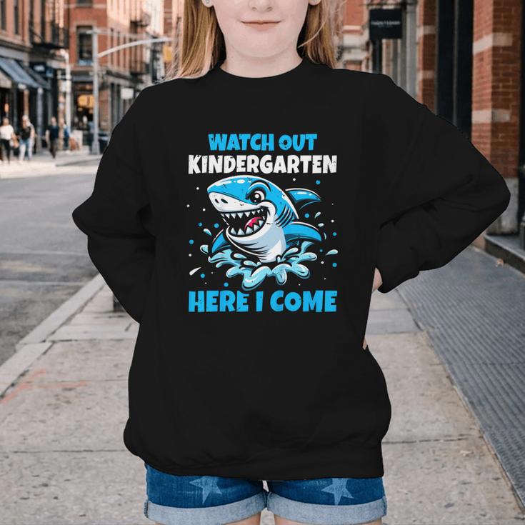 Kids Back To School Watch Out Kindergarten Here I Come Shark Boys Youth Crewneck Sweatshirt